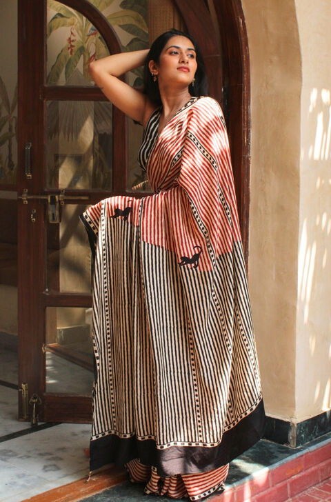 Red Bagru Bagru Block Printed Viscose Saree