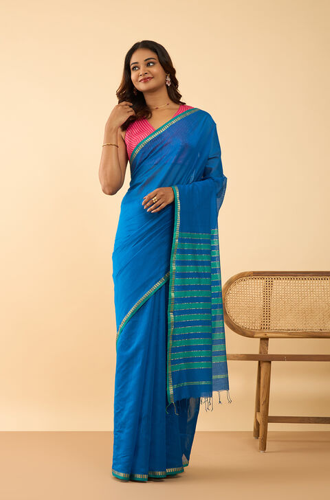 Dark Blue Woven Pure Silk Cotton Maheshwari Saree