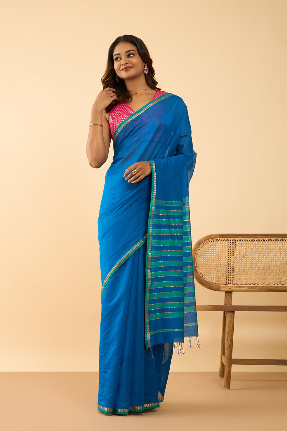 Dark Blue Woven Pure Silk Cotton Maheshwari Saree image number null