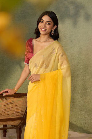 Yellow Pure Silk Cotton Embroidered Saree image number
