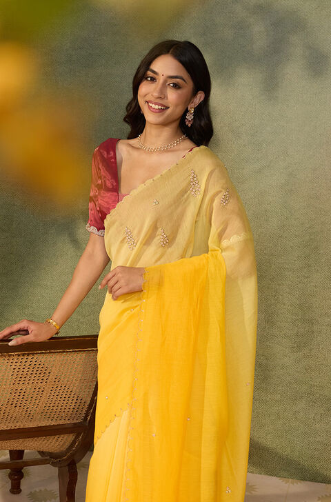 Yellow Pure Silk Cotton Embroidered Saree