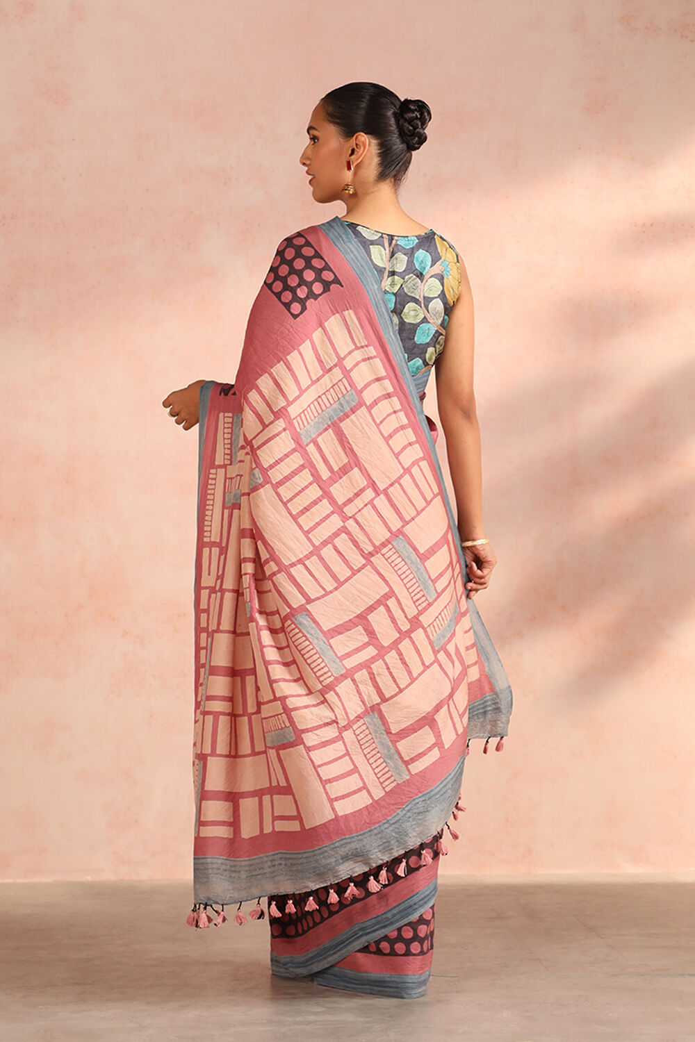 Pink Gujarat Pure Silk Ajrakh Block Print Saree image number null