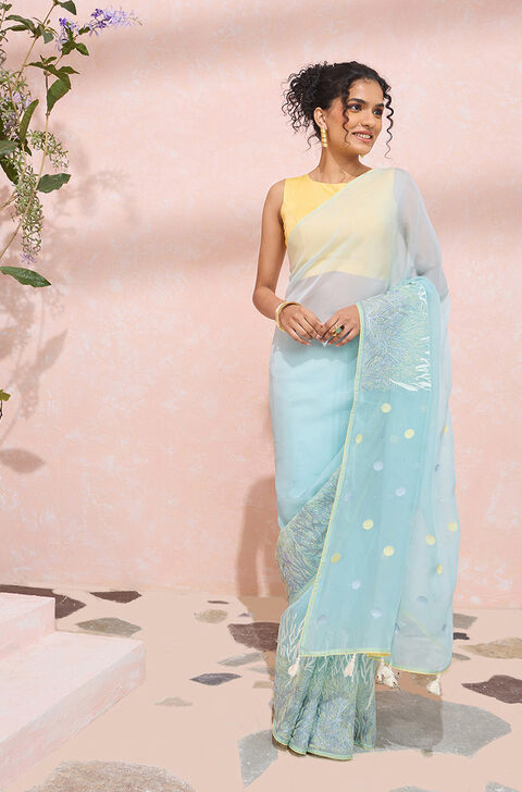 Light Blue Viscose Organza Embroidered Saree