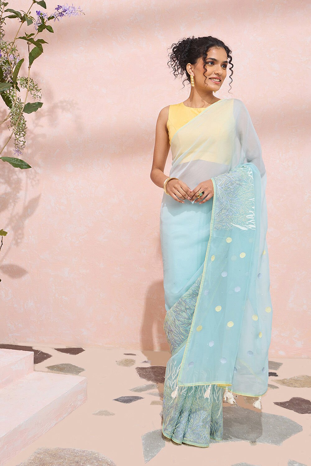 Light Blue Viscose Organza Embroidered Saree image number null