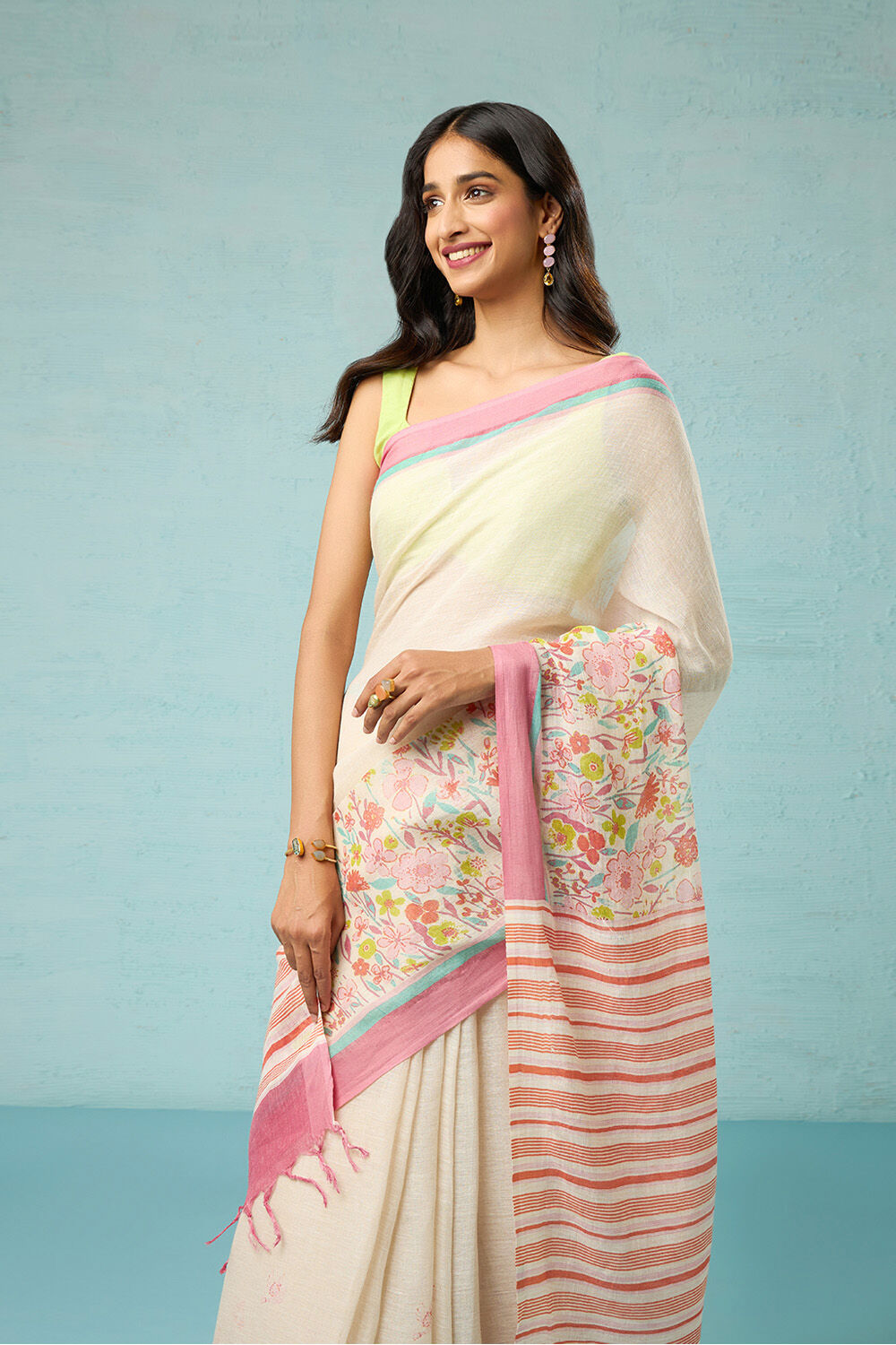 Off White Screen Printed Pure Linen Saree image number null