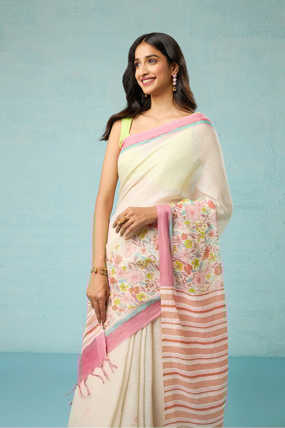 Off White Screen Printed Pure Linen Saree image number null