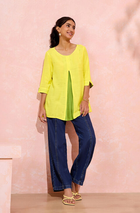 Yellow Viscose Embroidered Short Top