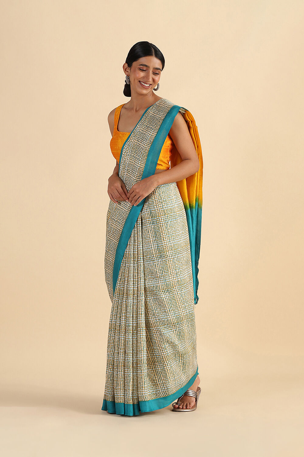 Beige Hand Blockprinted Pure Silk Saree image number null