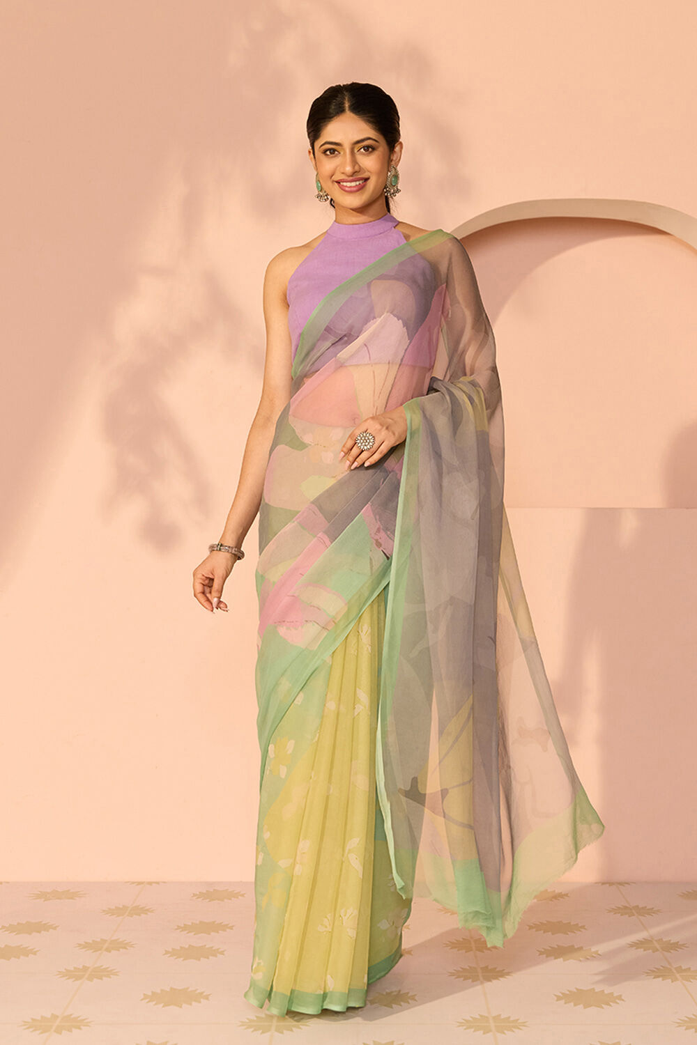 Green Printed Viscose Chiffon Saree image number null