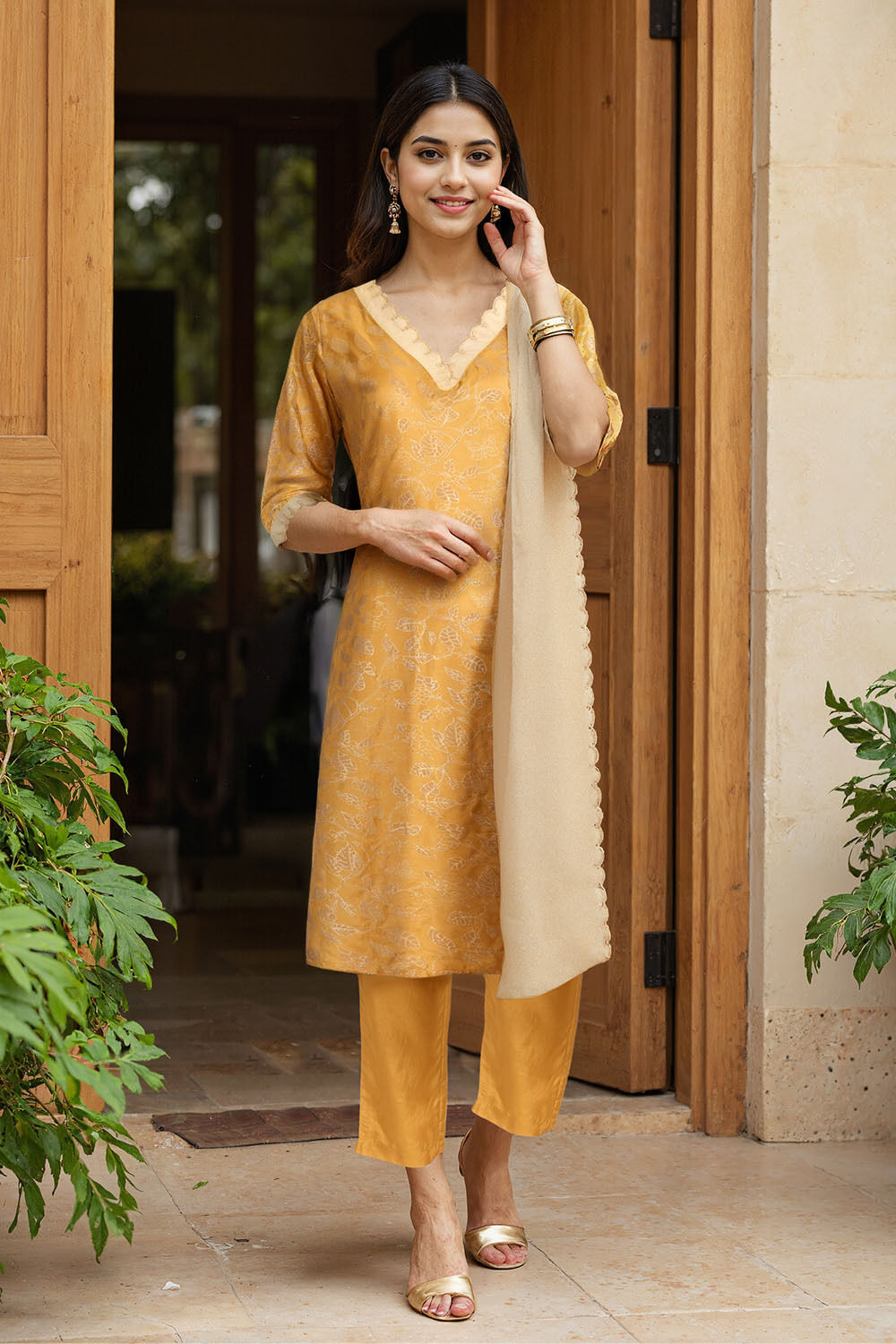 Yellow Viscose Block Printed Kurta Set image number null