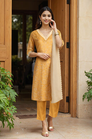 Yellow Viscose Block Printed Kurta Set image number