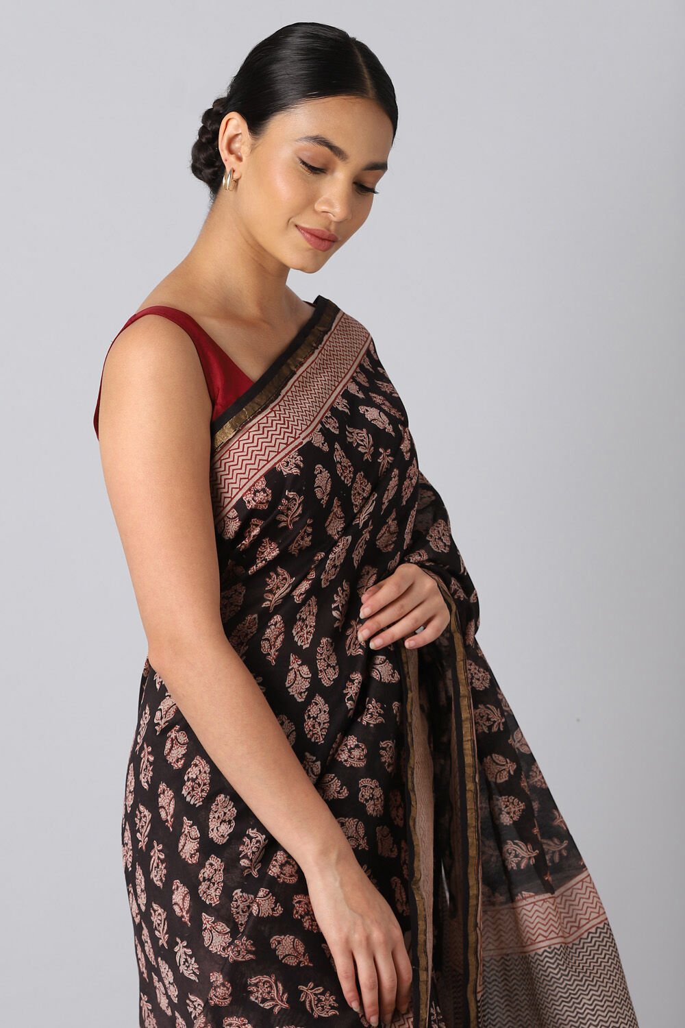 Black Pure Silk Cotton Bagru Printed Saree image number null