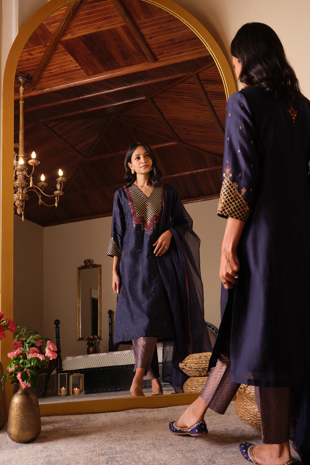 Dark Blue Embroidered Silk Cotton Kurta Set image number null