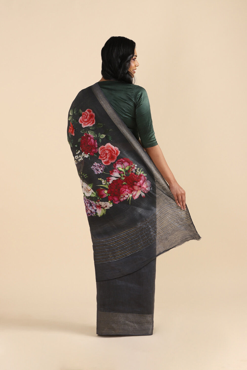 Black Pure Silk Linen Digital Printed Saree image number null