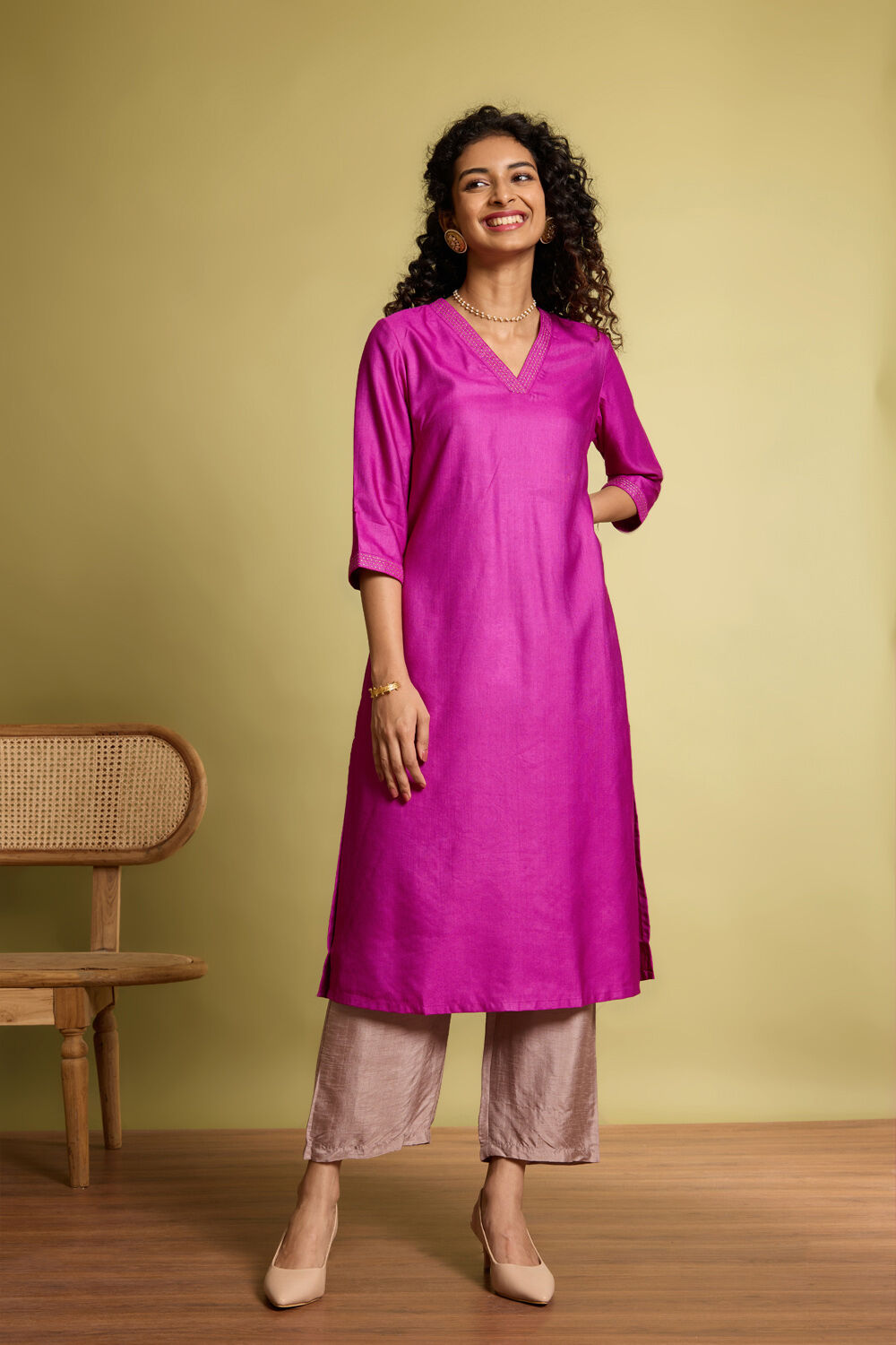 Dark Violet Silk Viscose Embroidered Kurta image number null