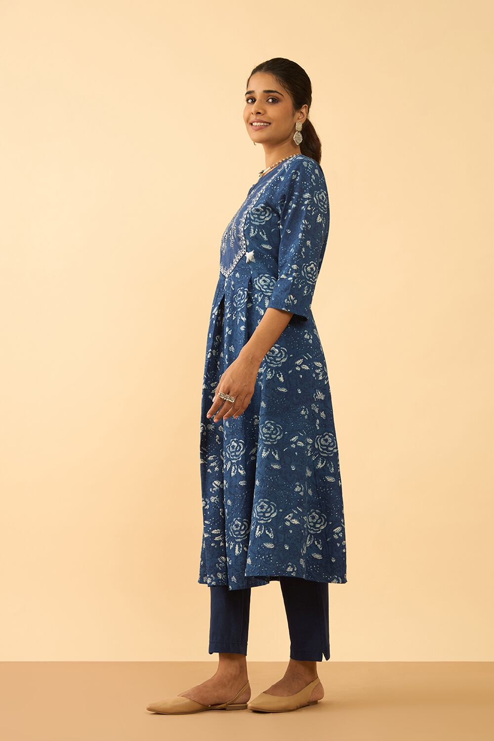 Blue Pure Cotton Printed Embroidered Kurta image number null