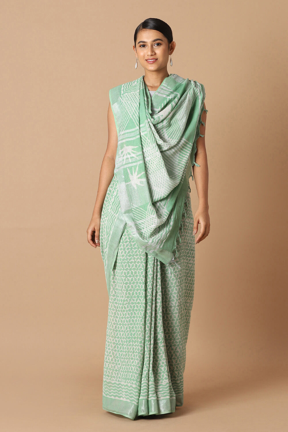Light Green Pure Cotton Linen Bagru Printed Saree image number null
