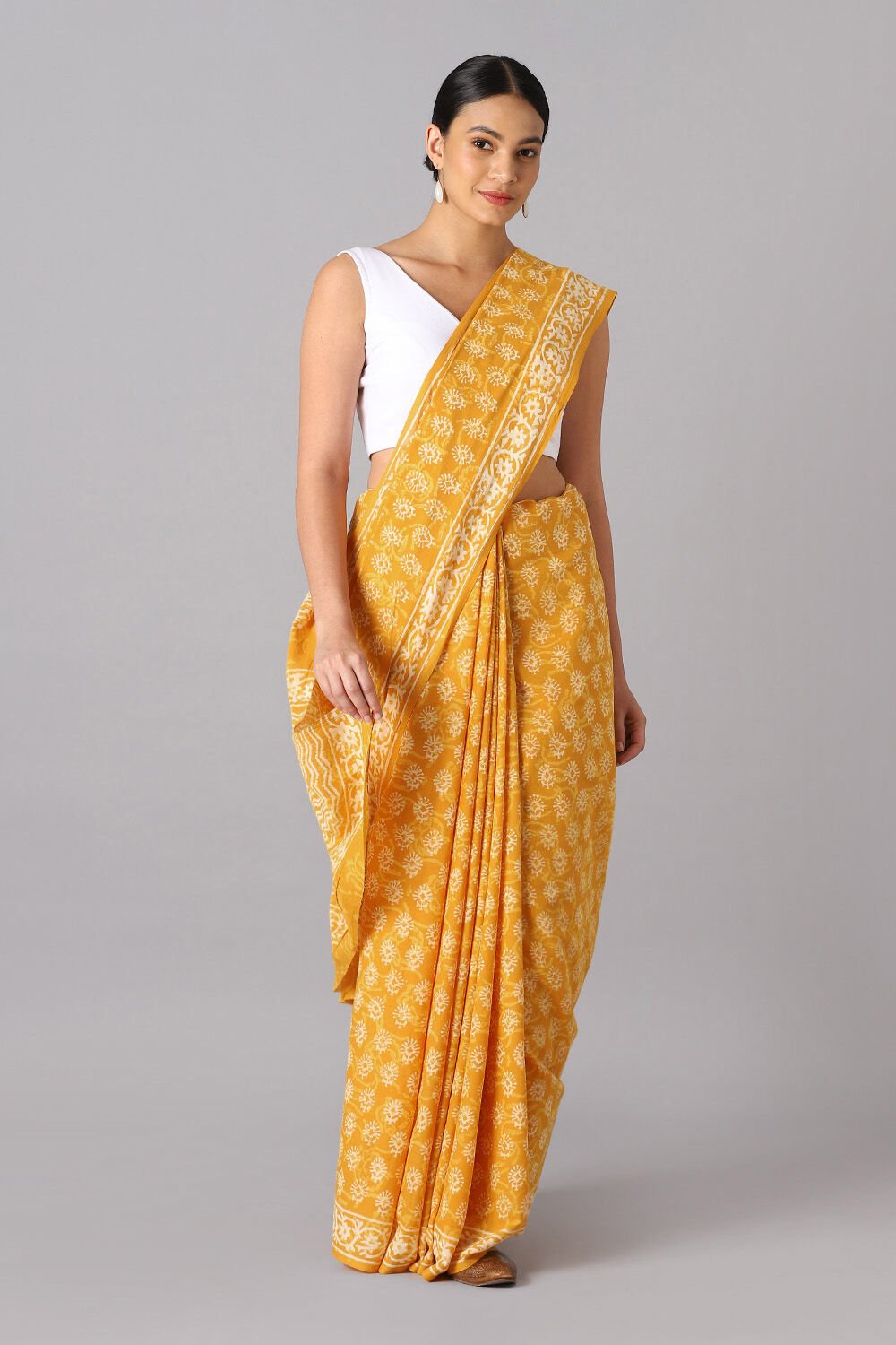 Yellow Pure Cotton Hand Printed Saree image number null