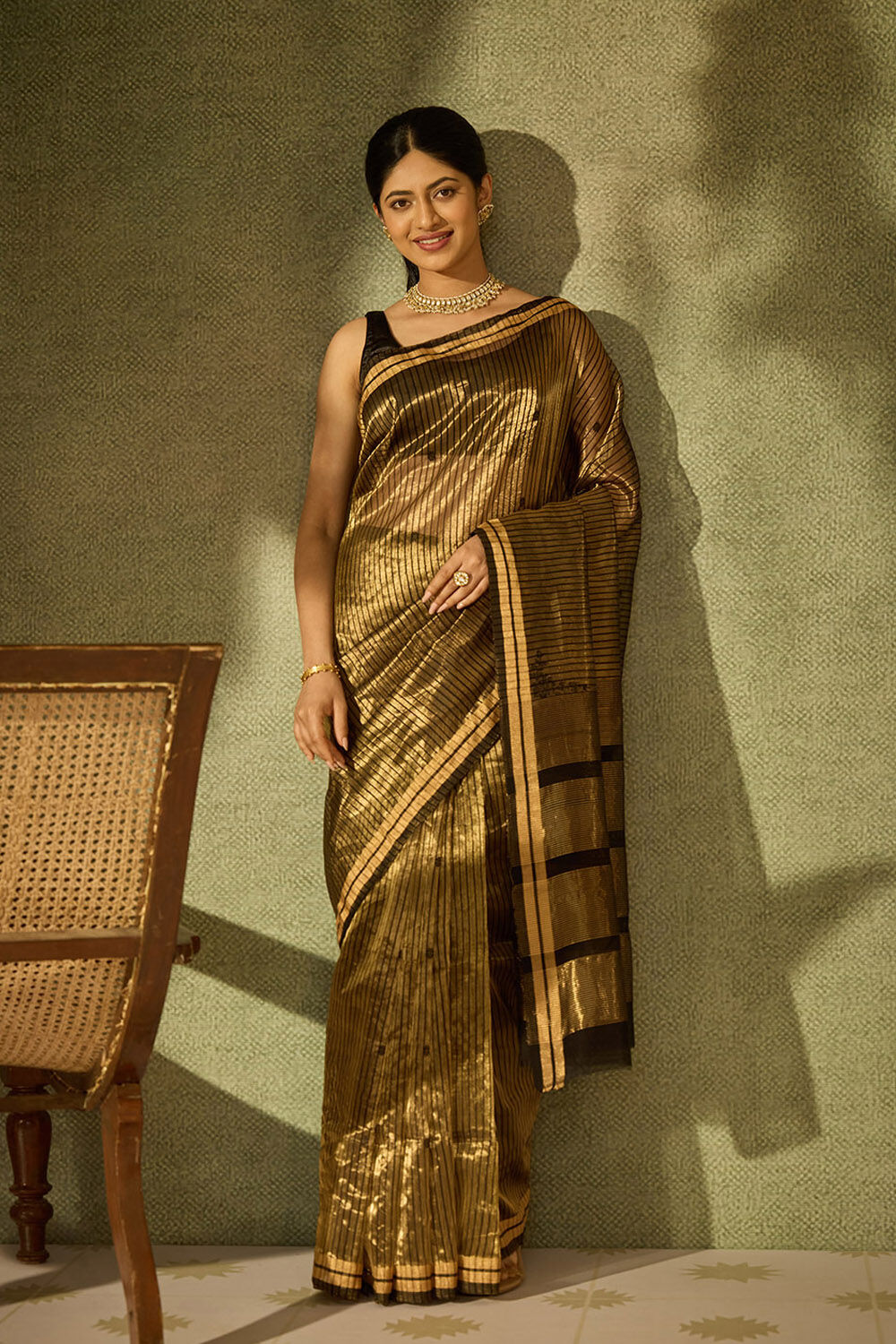 Black Woven Pure Silk Tissue Chanderi Saree image number null