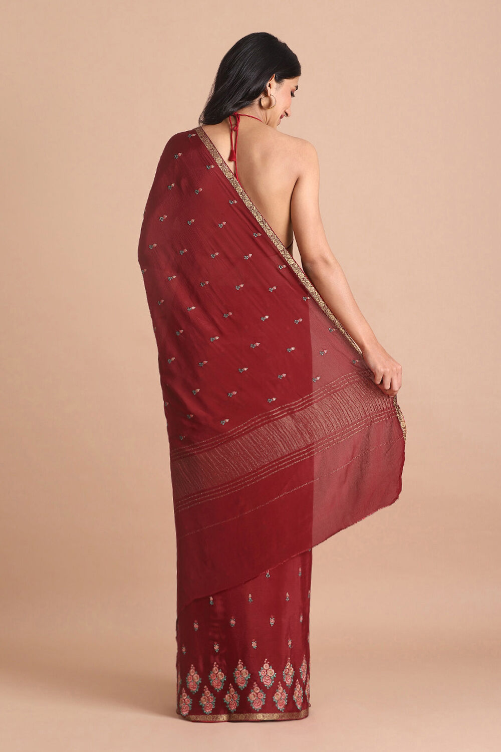 Dark Pure Red Viscose Embroidered Saree image number null