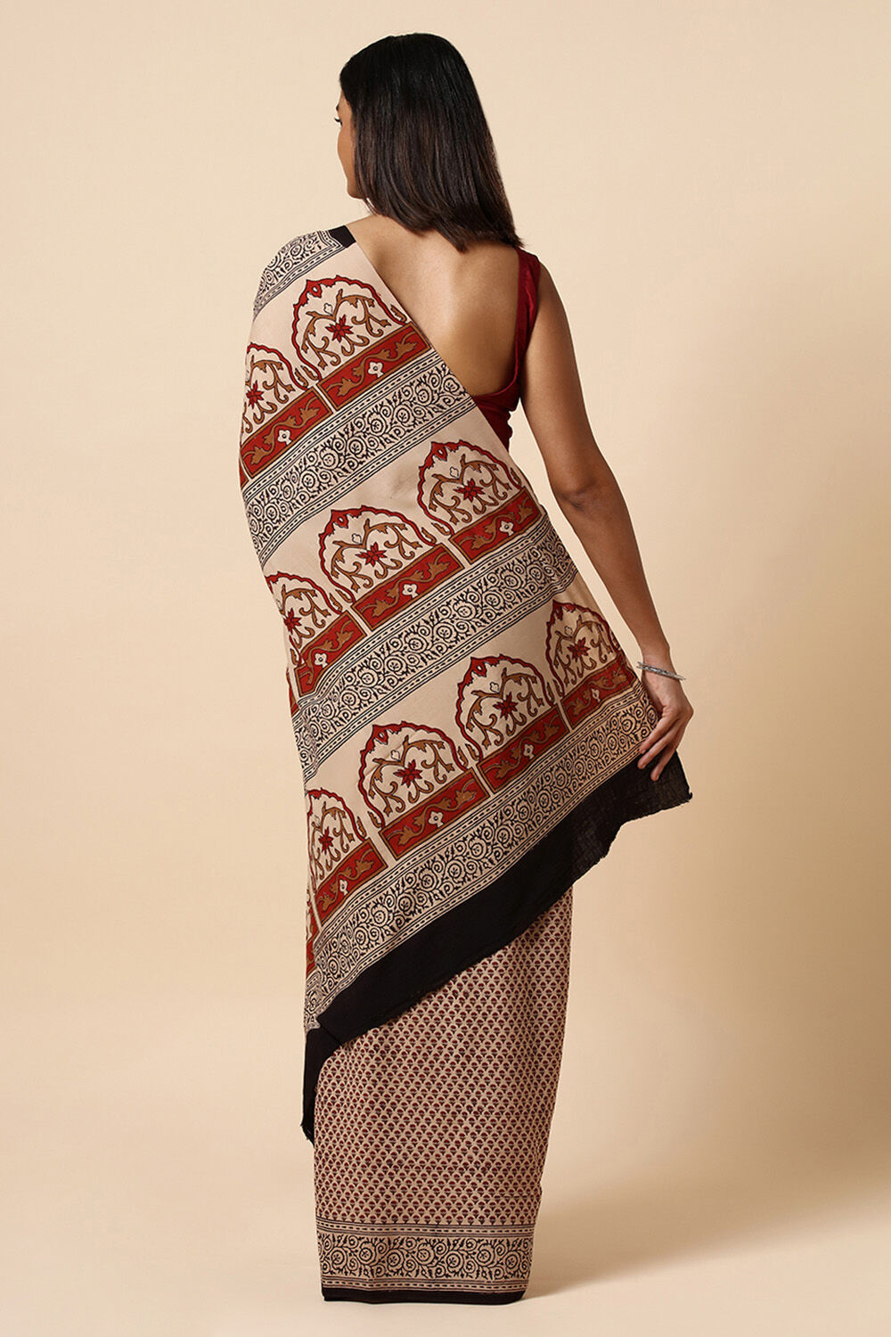 Beige Pure Khadi Cotton Bagru Printed Saree image number null