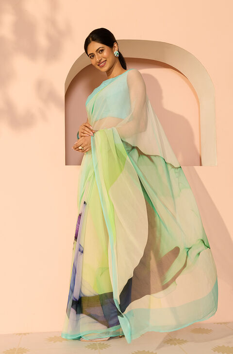 Green Printed Viscose Chiffon Saree