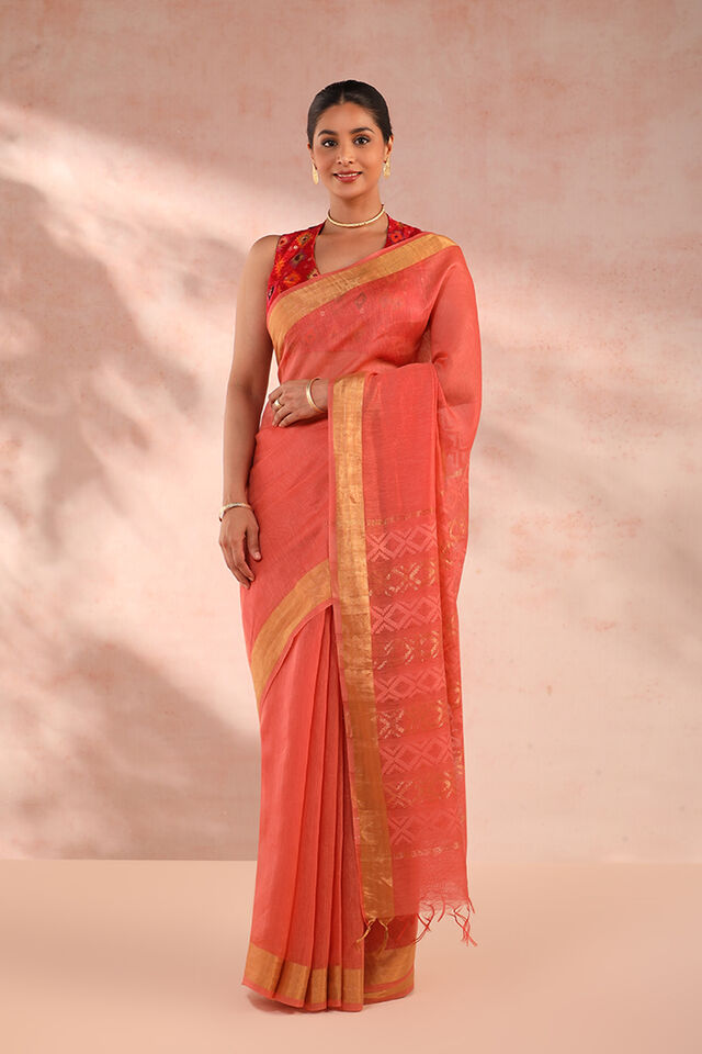 Orange Bhagalpur Woven Pure Silk Linen Saree