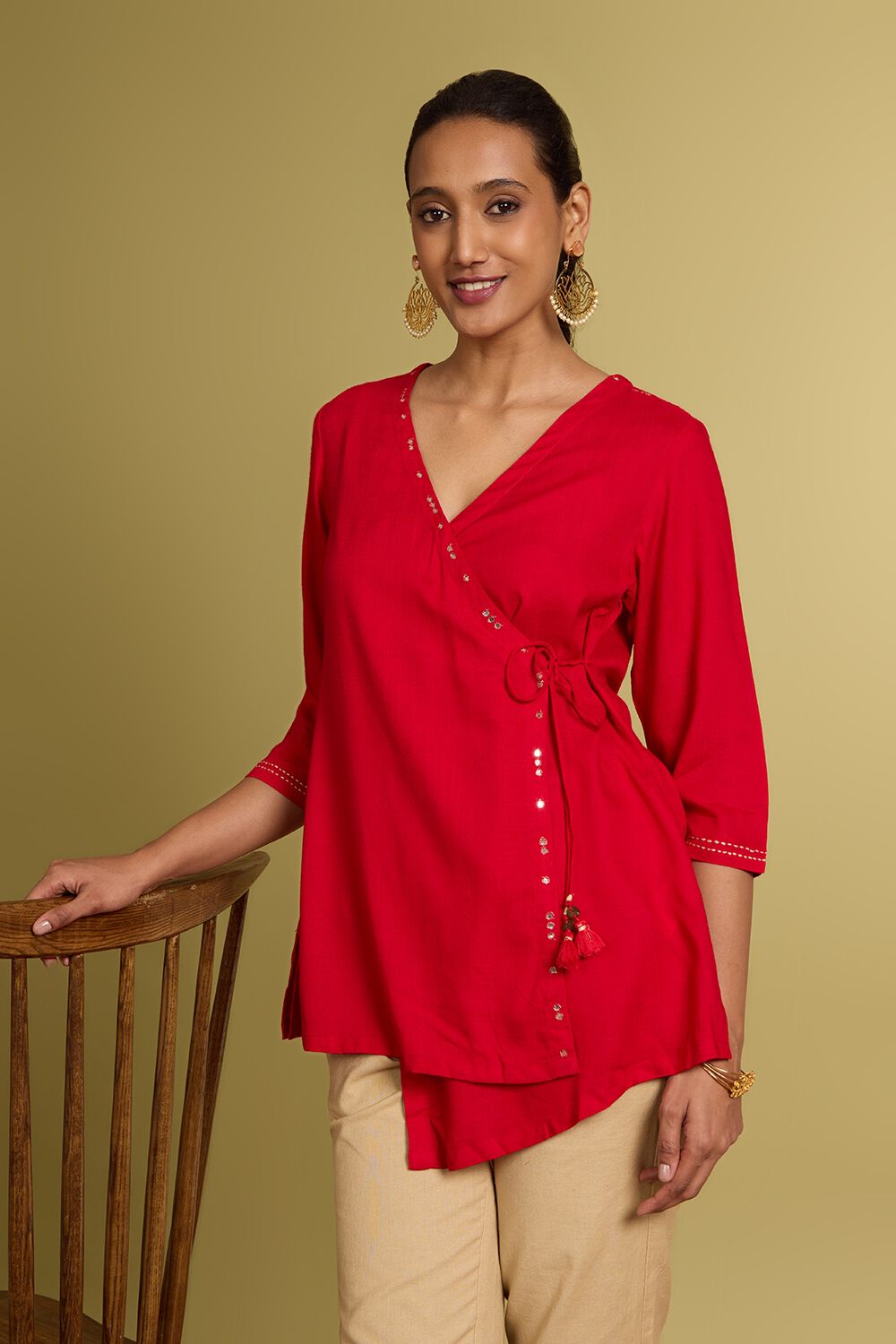 Red Embroidered Viscose Short Top image number null