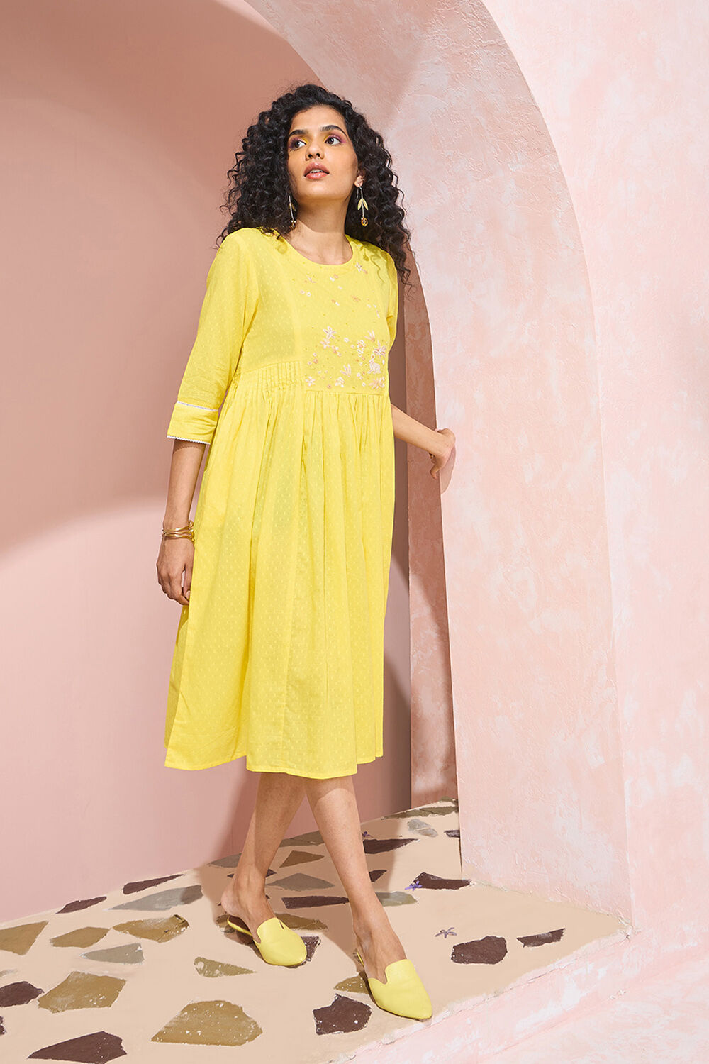 Yellow Cotton Viscose Embroidered Dress image number null