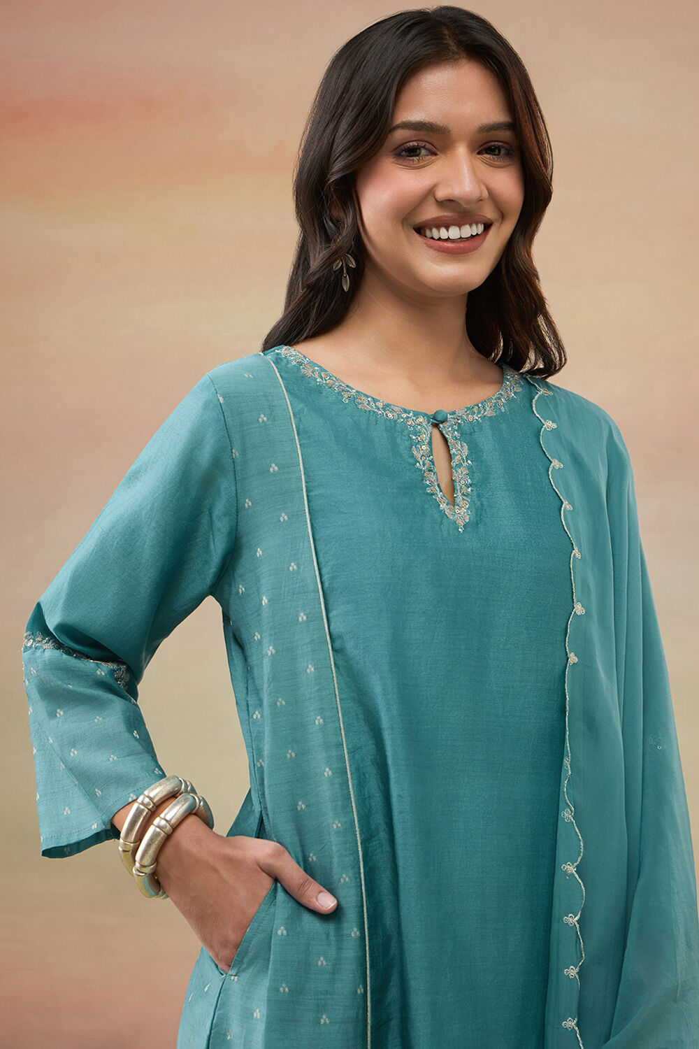 Dark Green Pure Silk Cotton Embroidered Kurta Set image number null