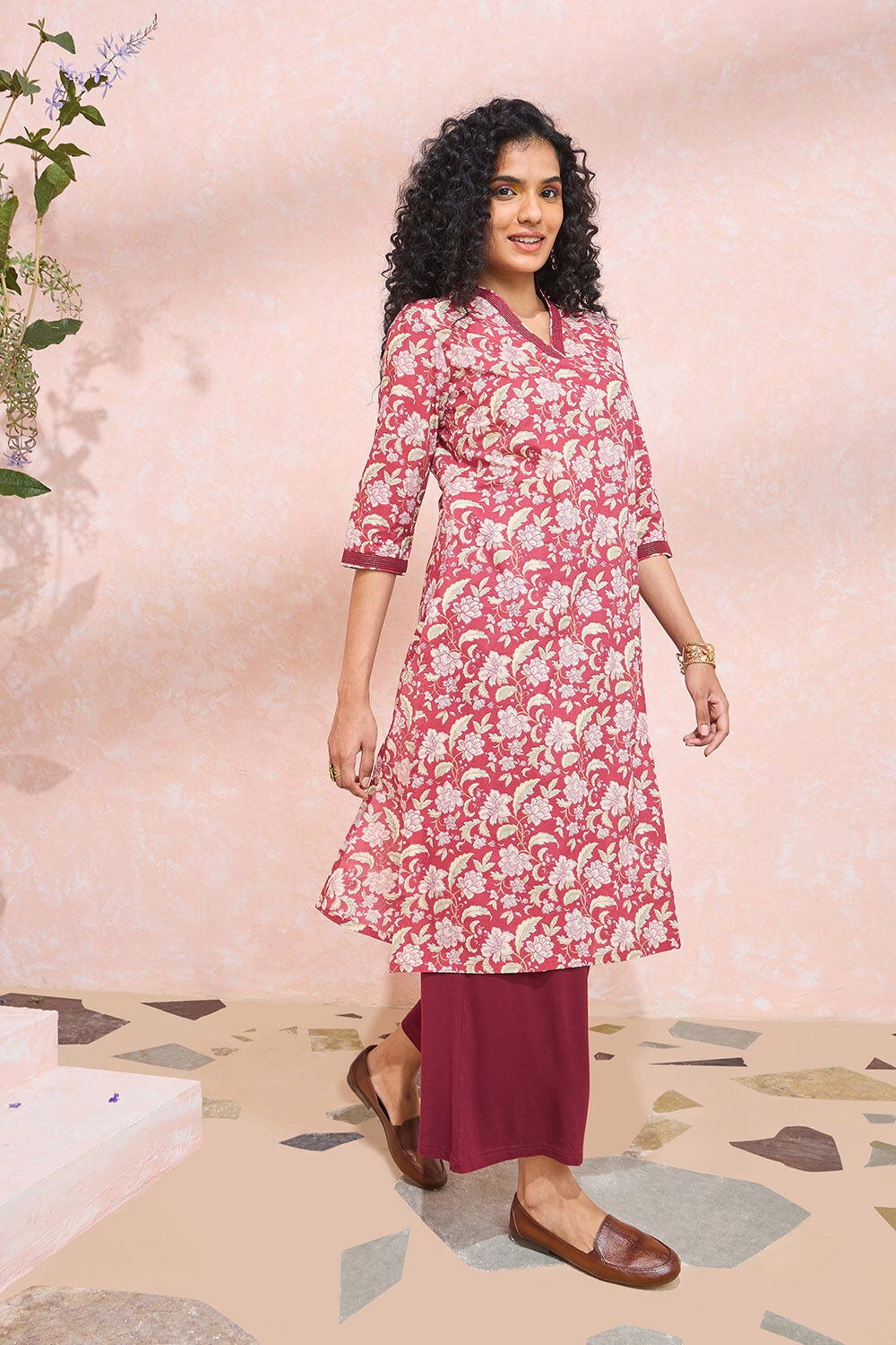 Pink Screen Printed Pure Cotton Kurta image number null