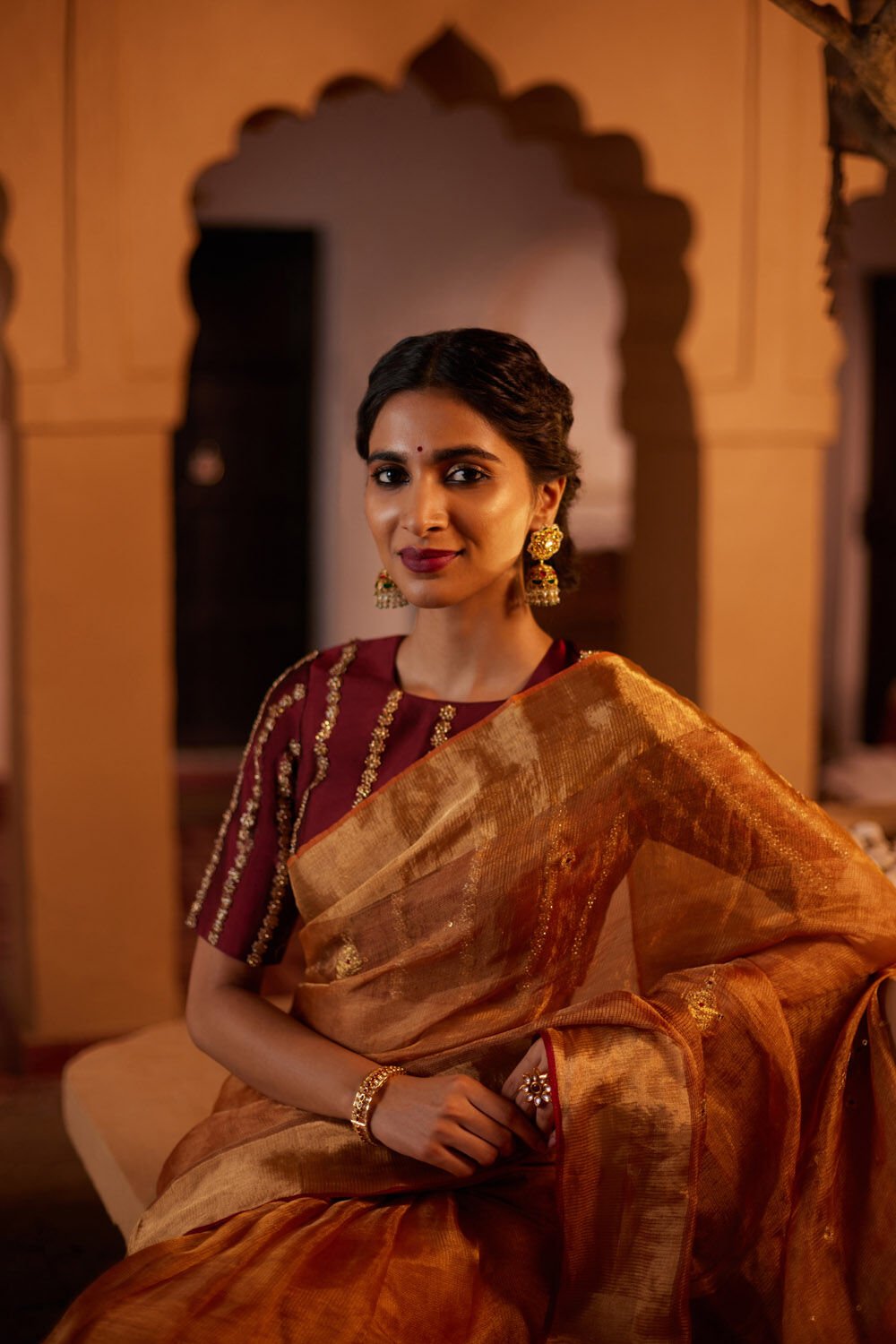 Orange Pure Silk Tissue Embroidery Saree image number null