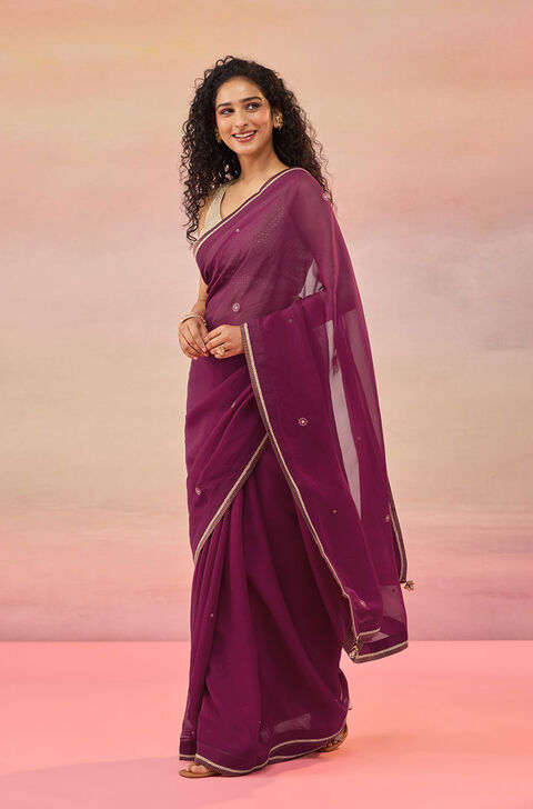Dark Pink Viscose Organza Embroidered Saree