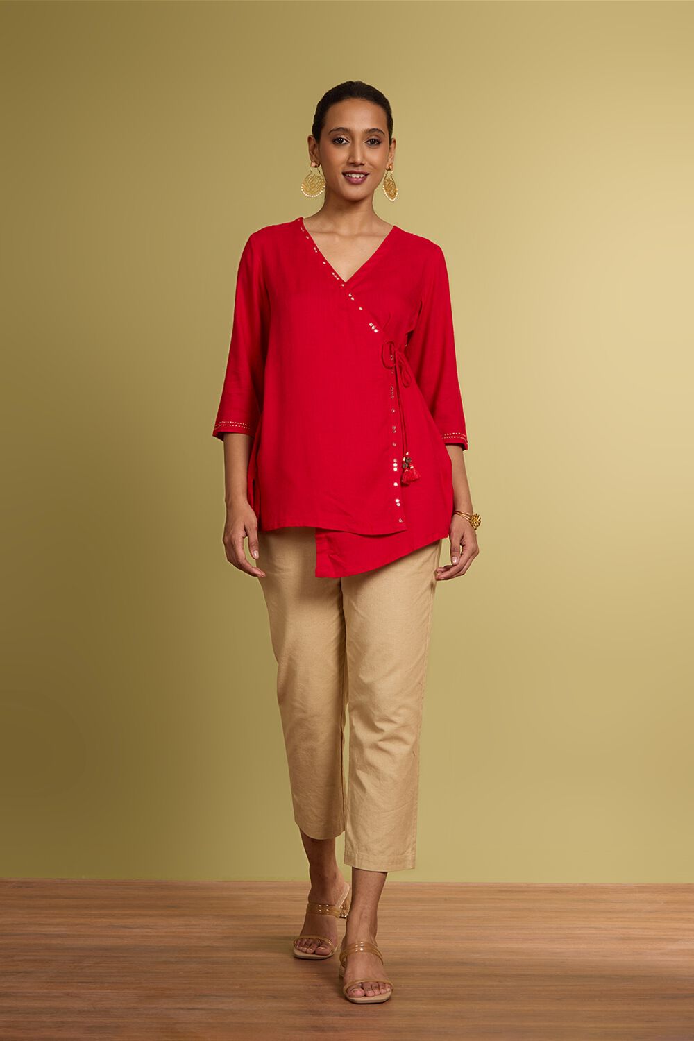Red Embroidered Viscose Short Top image number null