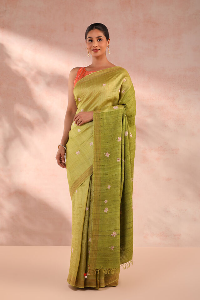 Light Green Block Printed Pure Tussar Silk Saree