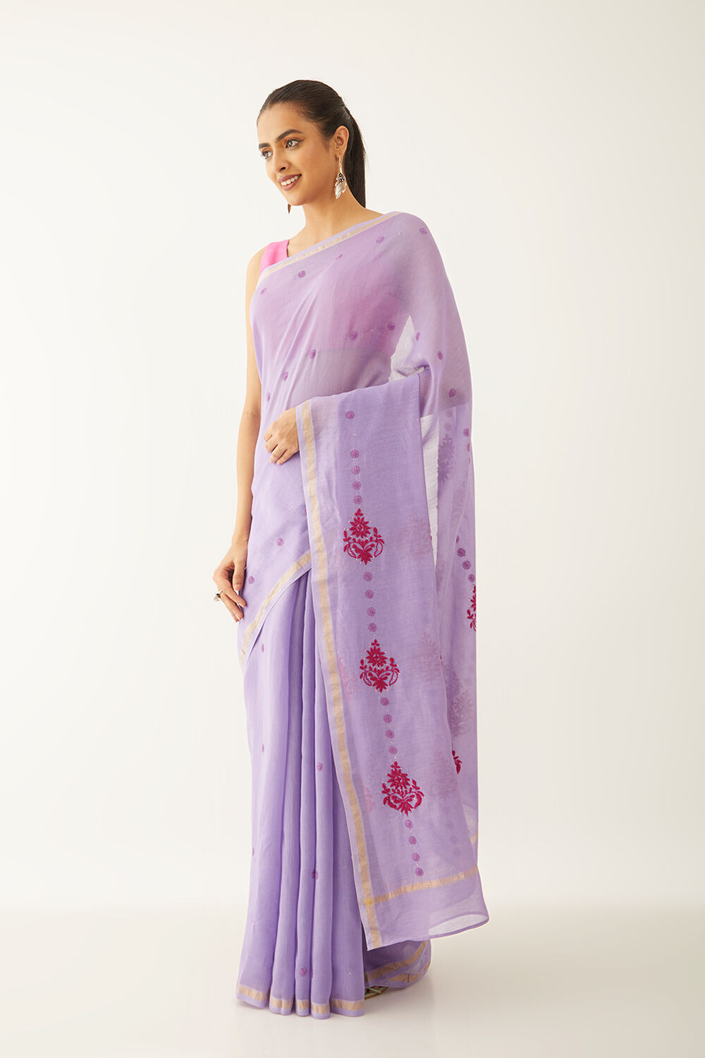 Violet Pure Silk Cotton Chikankari Embroidery Saree image number null