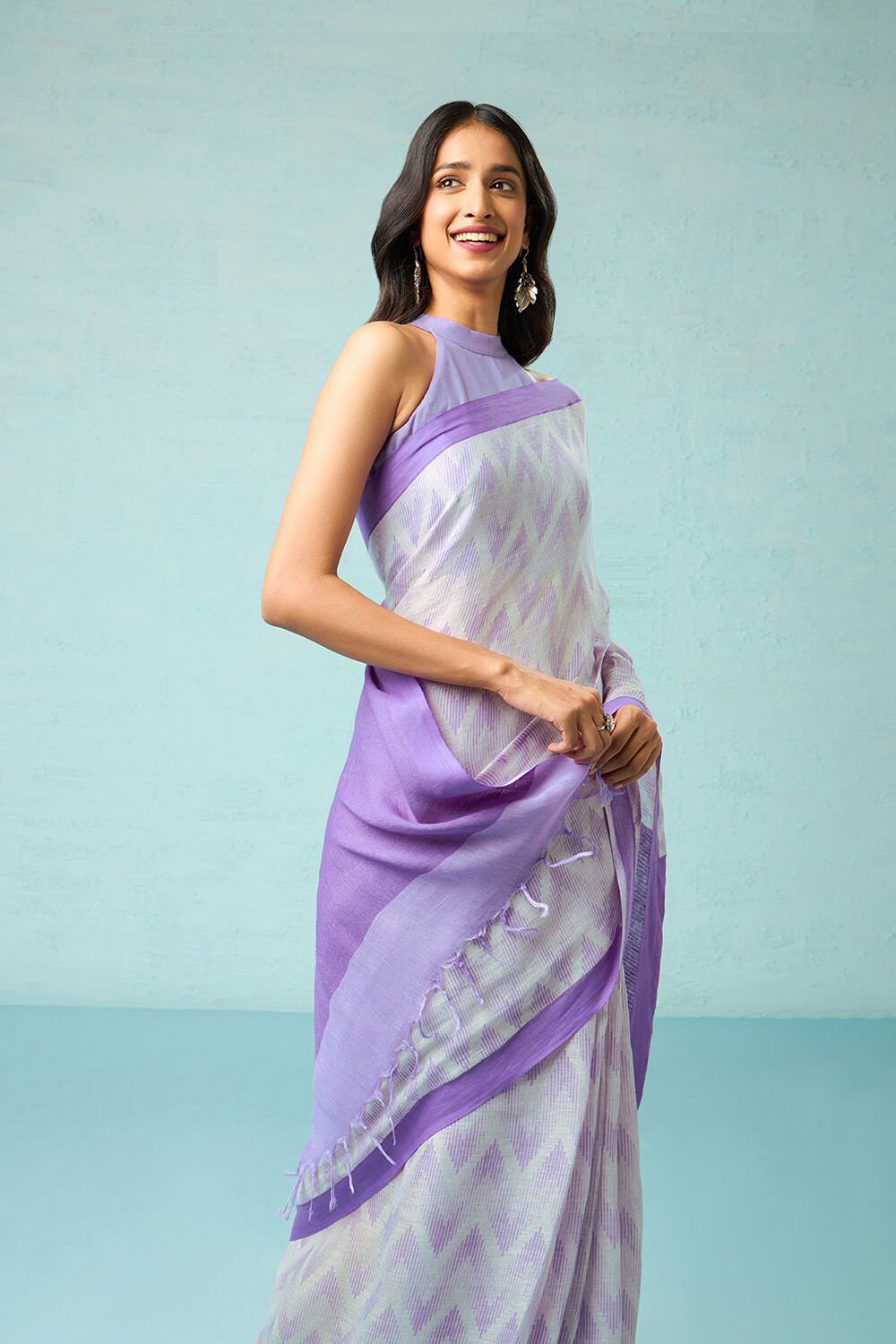 Purple Screen Printed Pure Linen Saree image number null