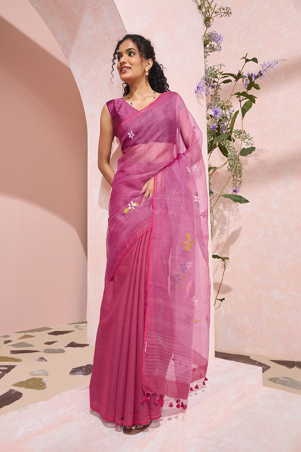 Dark Pink Bengal Pure Silk Cotton Jamdani Saree image number null