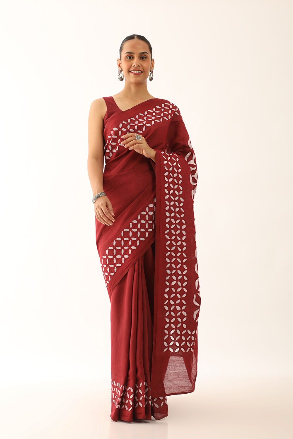 Dark Red Craft Pure Tussar Silk Applique Saree image number null