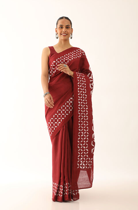 Dark Red Craft Pure Tussar Silk Applique Saree
