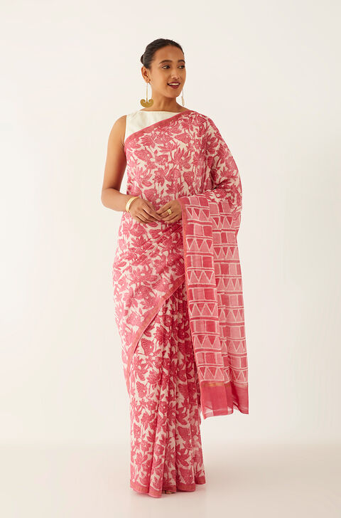 Pink Pure Silk Cotton Dabu Block Printed Saree
