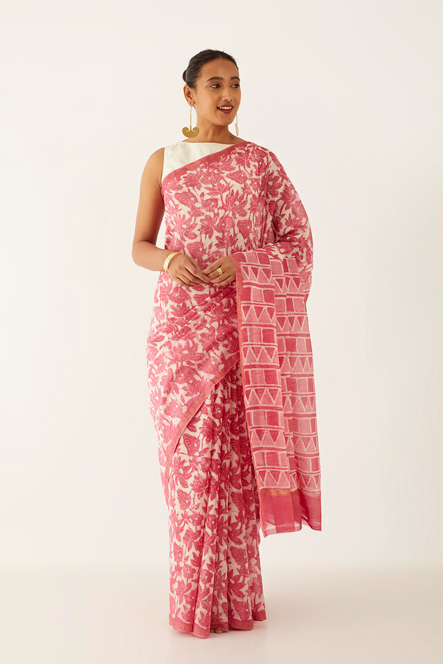 Pink Pure Silk Cotton Dabu Block Printed Saree
