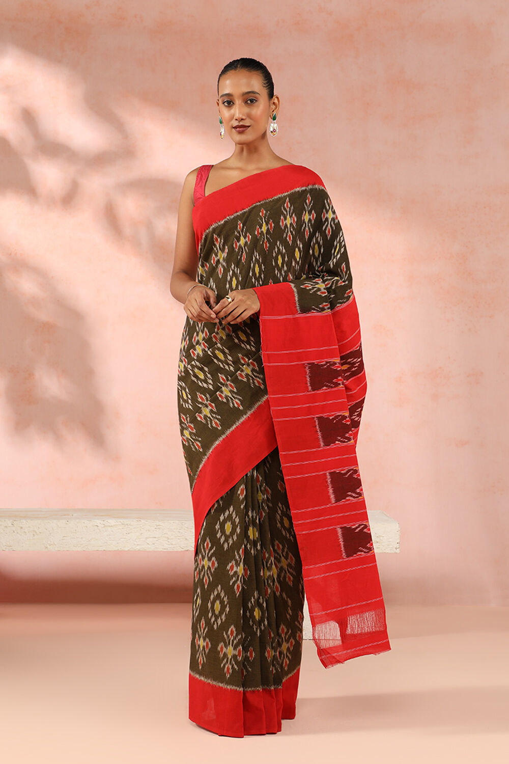 Olive Green Pure Cotton Pochampalli Ikat Saree image number null