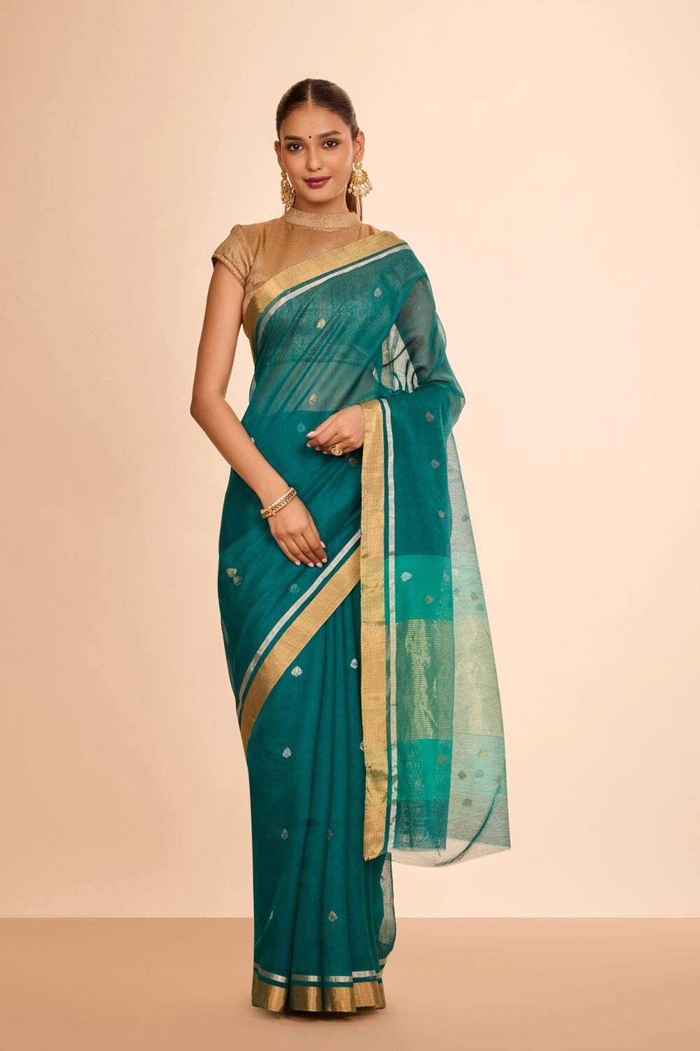 Dark Green Woven Pure Silk Cotton Chanderi Saree image number null