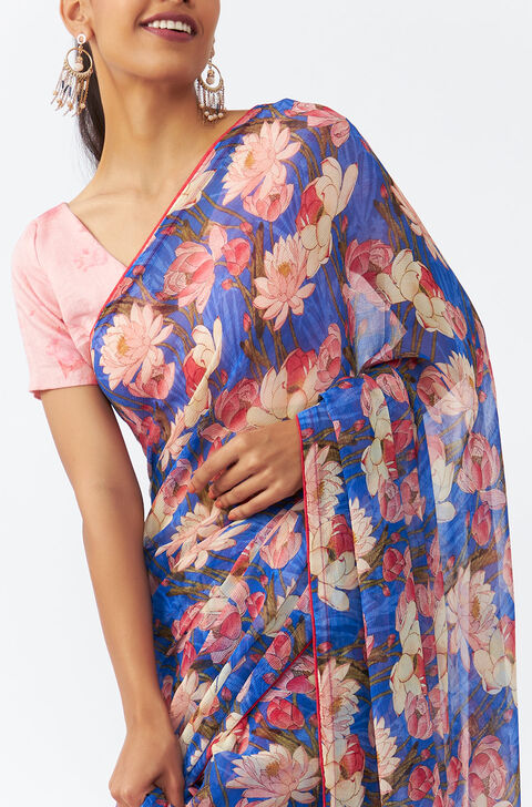 Blue Viscose Chiffon Digital Printed Saree