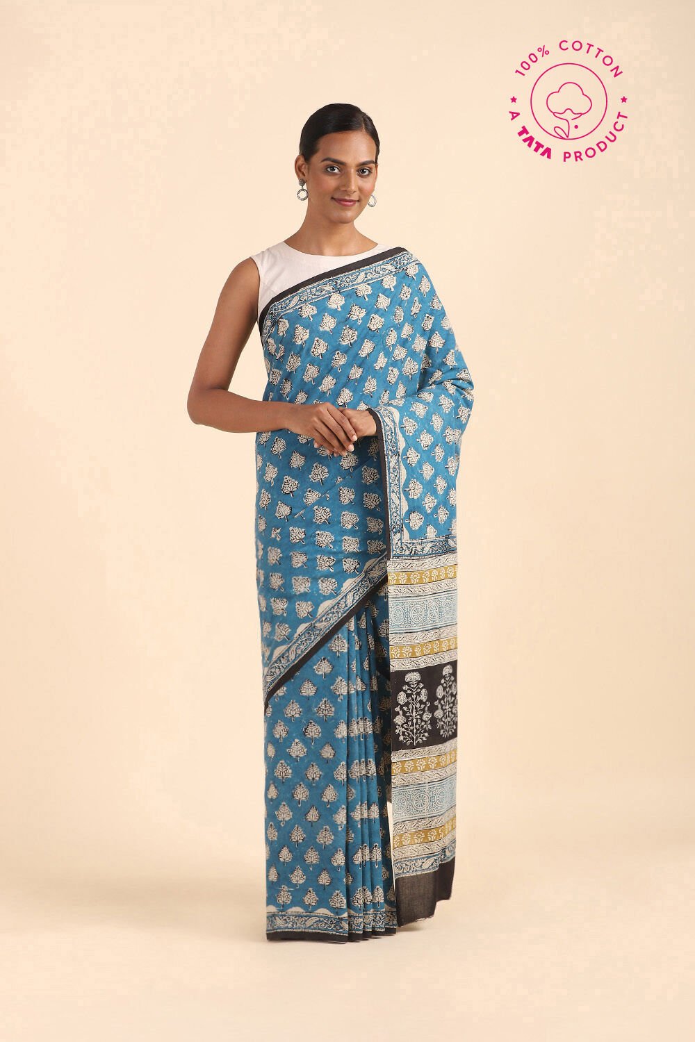 Blue Pure Cotton Bagru Printed Saree image number null