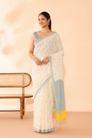 Off White Screen Printed Bengal Mulmul Saree thumbnail image number null