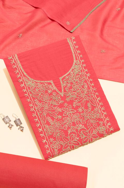 Red Pure Cotton Kantha Embroidered Unstitched Suit Set