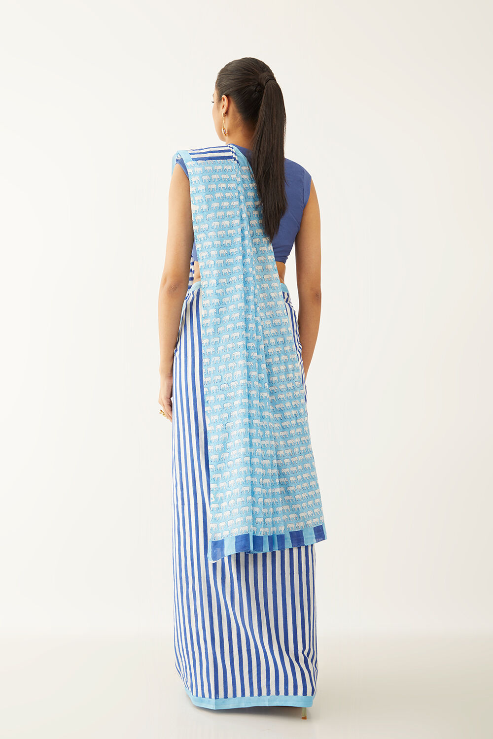 Blue Pure Cotton Block Print Saree image number null