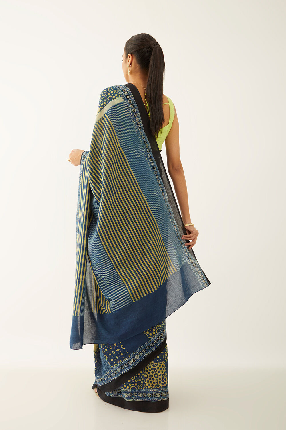 Blue Pure Cotton Ajrakh Block Print Saree image number null